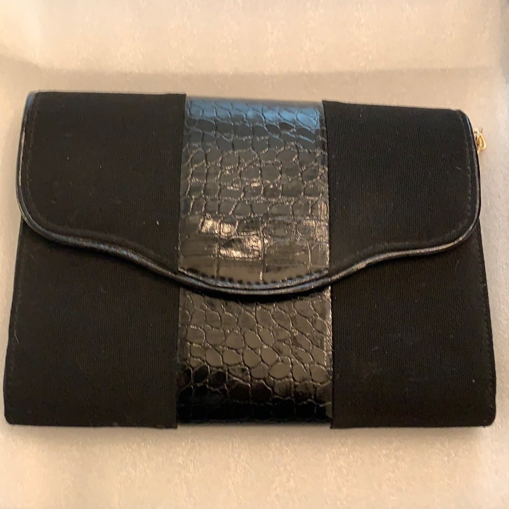 Black clutch with gold chain, patent  detail only used once